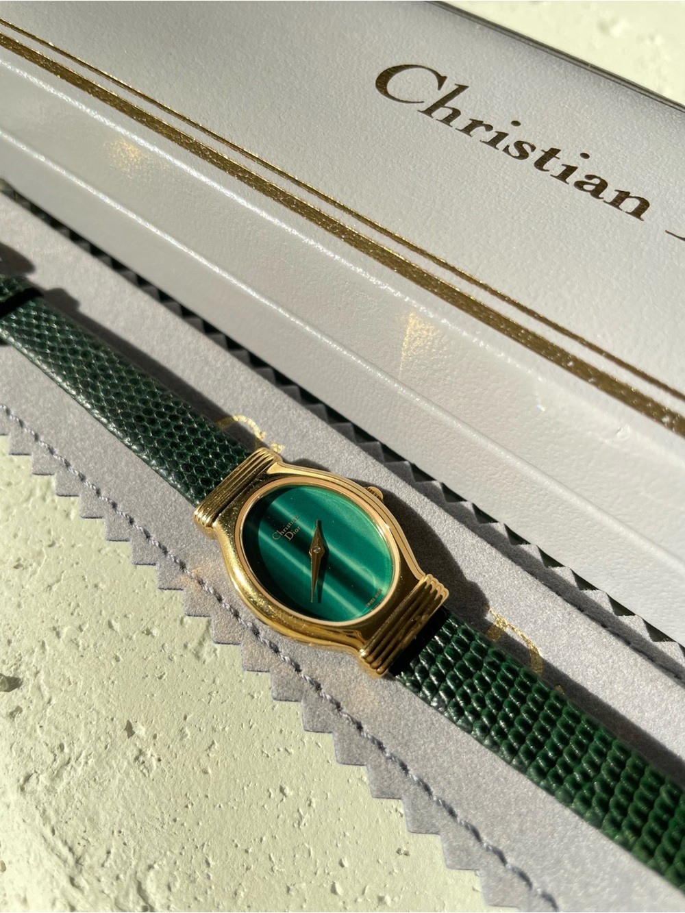 Vintage 1980s Christian Dior Gold Oval Watch w/ Striated Green Dial & Box